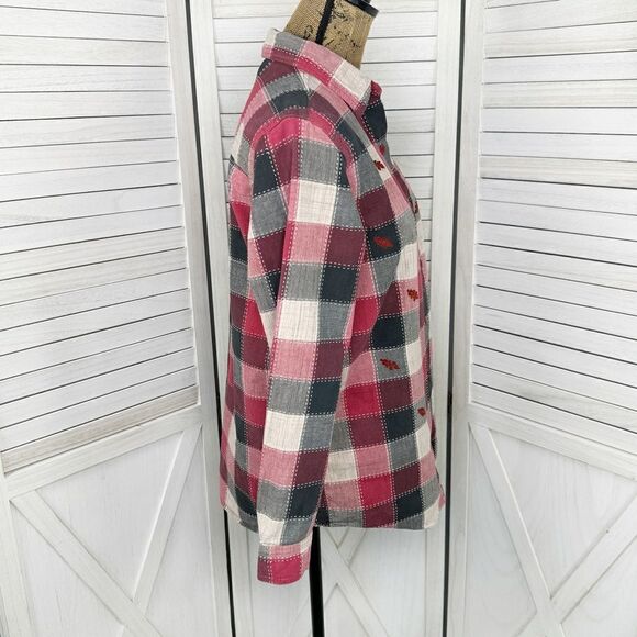 Casey & Max Embroidered Leaves Patchwork Buffalo Check Button Front Shirt Medium - Picture 4 of 13